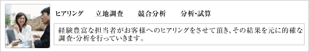 経験豊富な担当者がお客様へのヒアリングをさせて頂き、その結果を元に的確な調査・分析を行っていきます。